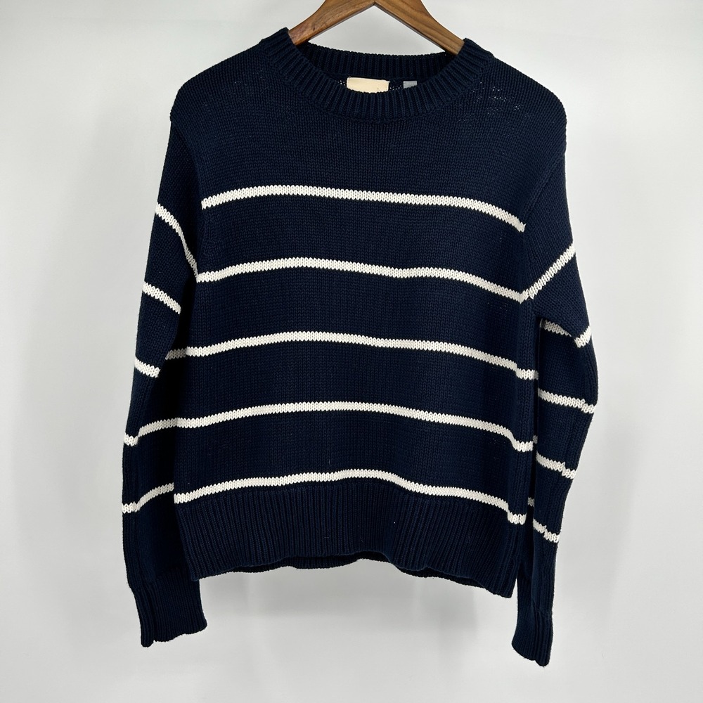 Chunky Knit Stripe Fisherman Sweater Womens M Cotton Soft Preppy Cottage Coastal